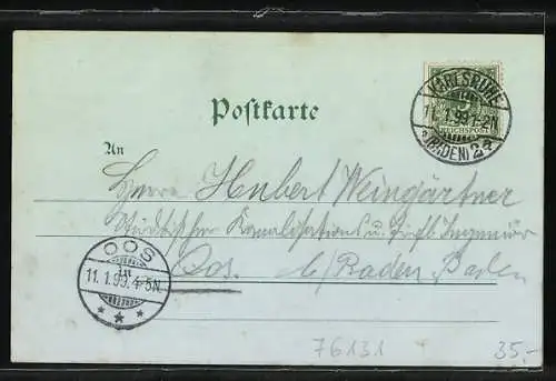 Lithographie Karlsruhe, Gartenrestauration Moninger, Inh.: J. Schuh, Denkmal Kaiser Wilhelm I.