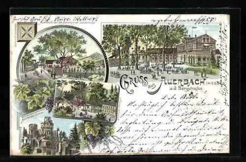 Lithographie Auerbach /Hessen, Hotel-Garten zur Krone, Bensheimer Landstrasse