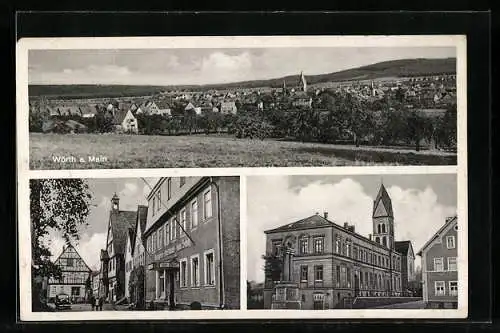 AK Wörth a. Main, Panorama und Gasthaus zum Schiff, Ortspartie