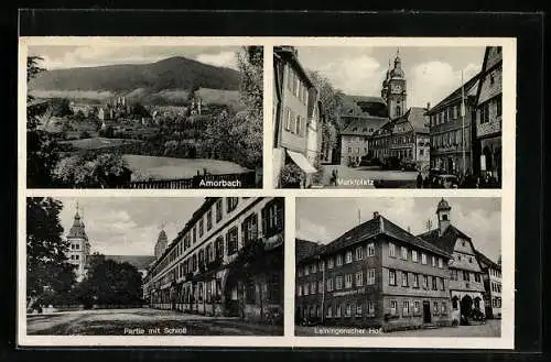 AK Amorbach i. Odenwald, Ortsansicht, Marktplatz, Schloss und Gasthaus z. Leiningenscher Hof