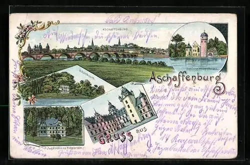 Lithographie Aschaffenburg, Schloss Mespelbrunn, Schönbusch, Stadtansicht