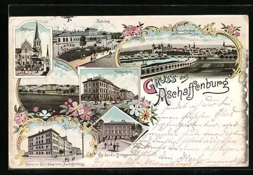 Lithographie Aschaffenburg, Kaserne, Bahnhof, Volksschule