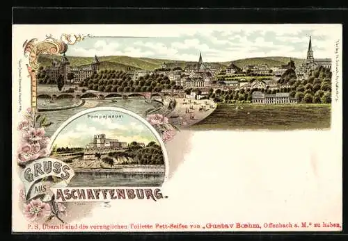 Lithographie Aschaffenburg, Ortsansicht und Pompejanum