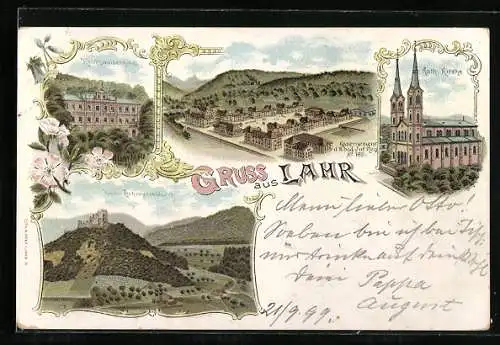 Lithographie Lahr i. B., Kaserne des. 8. bad. Inf.-Regt. No. 169, Ruine Hohengeroldseck, Kirche u. Reichswaisenhaus