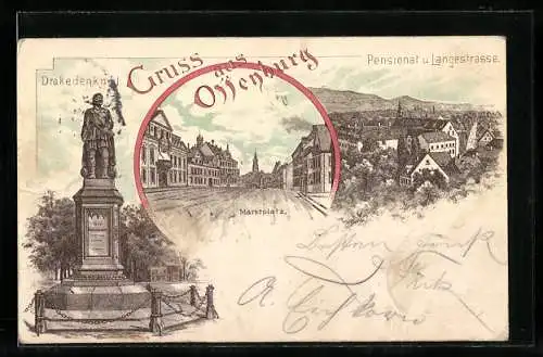 Lithographie Offenburg, Pensionat und Langestrasse, Drakedenkmal, Marktplatz