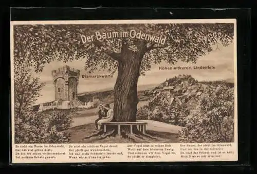 AK Lindenfels /Odw., Bismarckwarte und Ortsansicht, Der Baum im Odenwald Gedicht