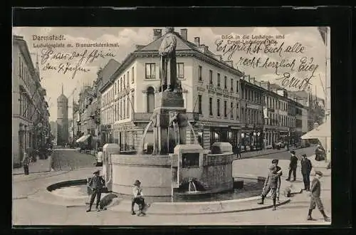 AK Darmstadt, Ludwigsplatz mit Bismarckdenkmal, Blick in die Ludwigsstrasse