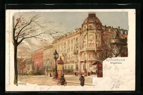 Künstler-Lithographie Carl Münch: Karlsruhe, Hotel Germania, Kriegstrasse mit Litfasssäule, Radfahrerin