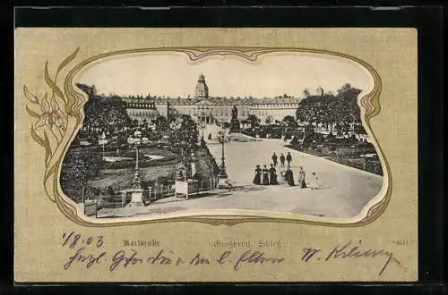 AK Karlsruhe i. B., Passanten im Park vor dem Grossherzoglichen Schloss