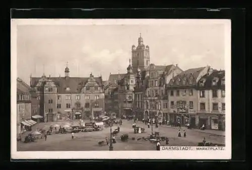 AK Darmstadt, Marktplatz mit Geschäften & Leuten, Strassenbahn