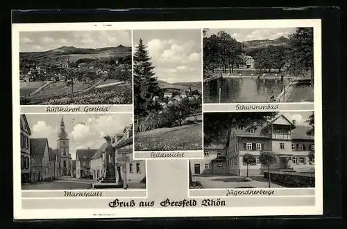 AK Gersfeld /Rhön, Ortsansicht, Marktplatz, Schwimmbad und Jugendherberge