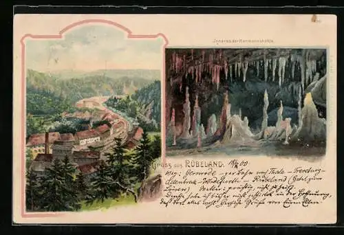 Lithographie Rübeland, Totalansicht, Hermannshöhle Inneres