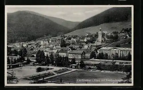 AK Lautenthal i. Harz, Ortsansicht mit Freibadeanlage