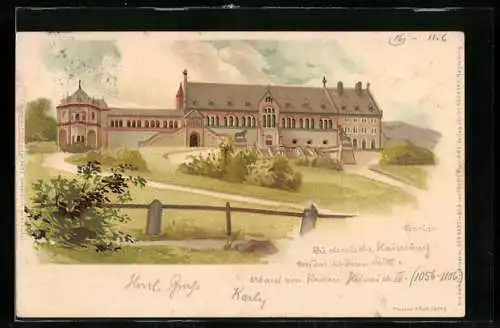 Lithographie Goslar, Blick auf die Kaiserpfalz Goslar