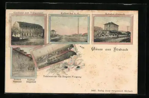 AK Hösbach, Bahnhof, Kalkwerke A.-G., Gasthaus zum Vorspessart, Kaufhaus Steigerwald und Bäckerei Hasenstab