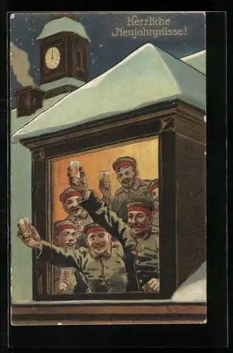 Künstler-AK Herzliche Neujahrsgrüsse, Soldaten mit Bier im Glas