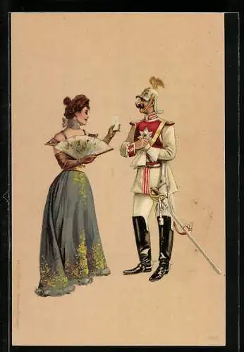 Lithographie Soldat des Gardes du Corps mit junger Dame