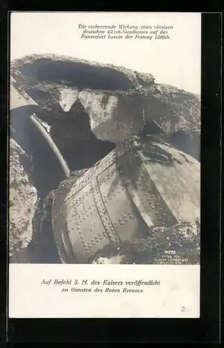 AK Lüttich, Panzerfort Loucin, Wirkung eines einzigen 42cm Geschosses, zerschossener Geschützturm