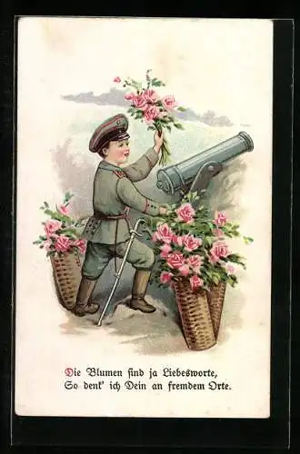 Künstler-AK Kleiner Junge in Uniform an einer Kanone mit Rosen, Kinder Kriegspropaganda