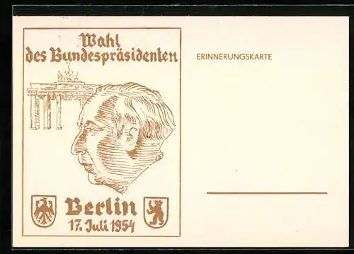 AK Berlin, Wahl des Bundespräsidenten 1954, Brandenburger Tor, gedruckt in dunkelgrüner Farbe