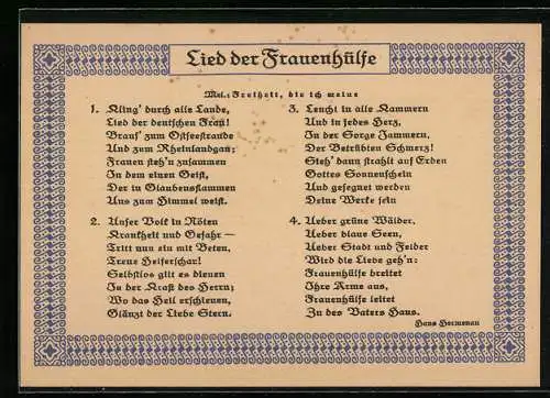 AK Lied der Frauenhülfe, Kling` durch alle Lande, Lied der deutschen Frau!...