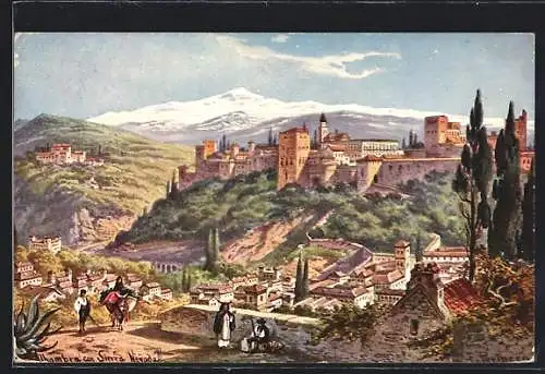 Künstler-AK Friedrich Perlberg: Alhambra con Sierra Nevada, Blick zur Stadt auf dem Berg
