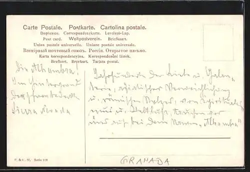 Künstler-AK Friedrich Perlberg: Alhambra con Sierra Nevada, Blick zur Stadt auf dem Berg