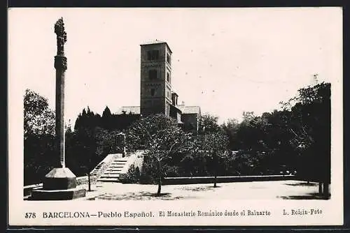 AK Barcelona, Pueblo Espanol, El Monasterio Románico desde el Baluarte