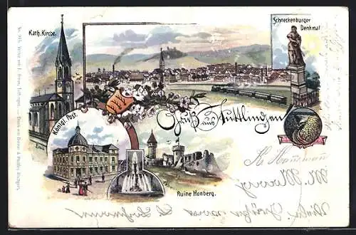 Lithographie Tuttlingen, Königliche Post, Ruine Hornberg, Schneckenburger Denkmal