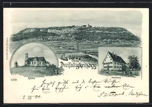 Lithographie Spaichingen, Gasthaus und Kirche auf dem Dreifaltigkeitsberg