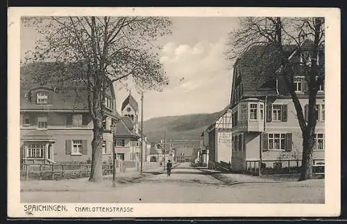 AK Spaichingen, Charlottenstrasse mit Zigarrengeschäft und Kirche