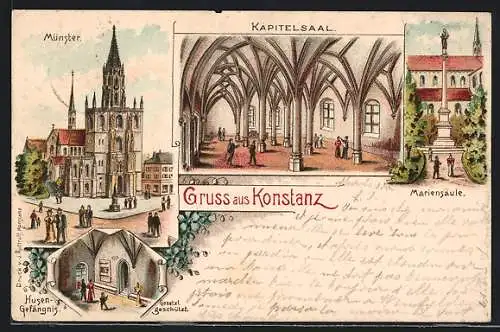Lithographie Konstanz, Münster, Mariensäule, Husengefängnis, Blumen