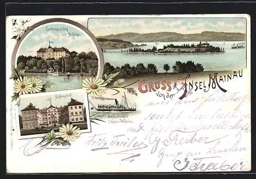 Lithographie Insel Mainau, Landungsplatz mit Schloss, Dampfschiff Kaiser Wilhelm, Schlosshof