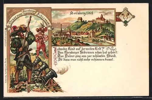 Lithographie Hornberg, Hornberger Schiessen, Ortsansicht 1564, Männer beim Schiessen