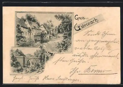 Lithographie Gsteinach, Uferpartie, Kanal-Brücke