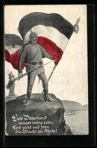 AK Wilhelm II. in Uniform mit Pickelhaube und Fahne