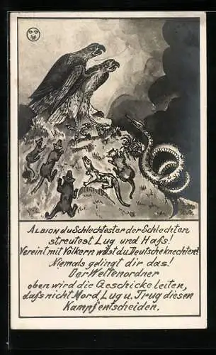 Künstler-AK Adler mit Nagetieren und Schlange, Spruch