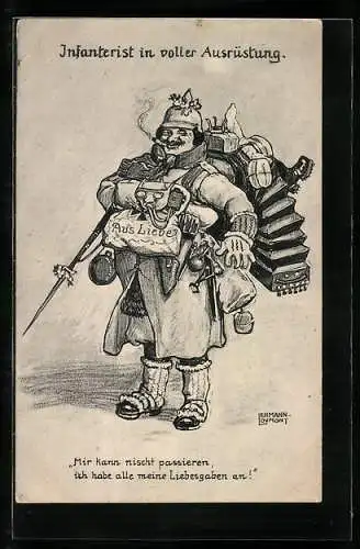 Künstler-AK Lehmann-Lovmont: Infanterist in voller Ausrüstung, Soldatenhumor
