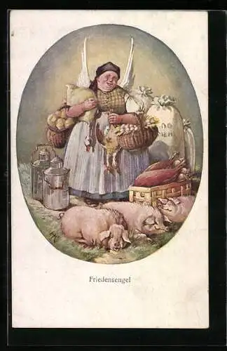 AK Friedensengel mit Geflügel und Körben voller Brot und Eier