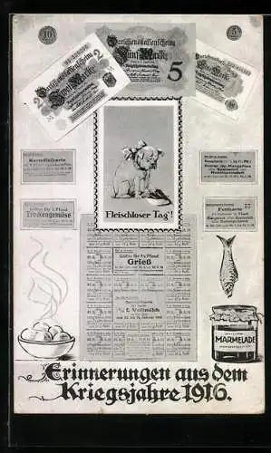 AK Kriegsnot, Lebensmittelkarten für Kartoffeln, Trockengemüse, Griess, Fett & Fleischloser Tag