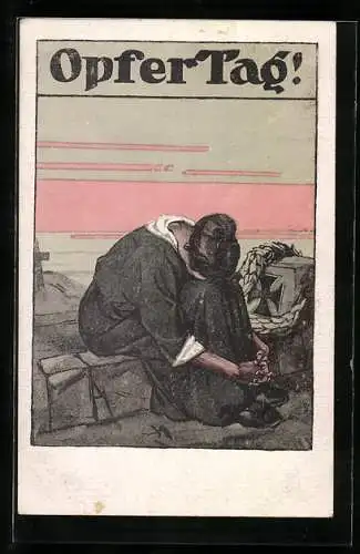 AK Opfer-Tag 1917, trauernde Witwe am Grab eines gefallenen Soldaten, Rotes Kreuz