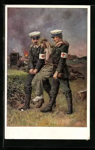 AK Rotes Kreuz, Völkerkrieg 1914-15, Soldaten tragen einen Verwundeten