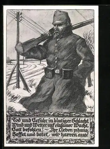Künstler-AK O. Weil, Hamburger Opfertag, 1.11.1915, Wachsoldat im Winter, Tod und Gefahr in blutiger Schlacht...