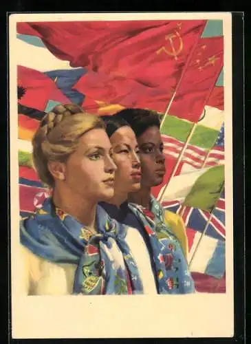 Künstler-AK UDSSR, Drei Frauen mit Fahnen