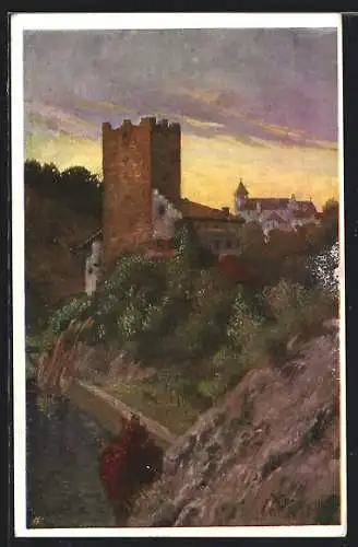 Künstler-AK Bozen, Uferpartie mit Schloss Ried