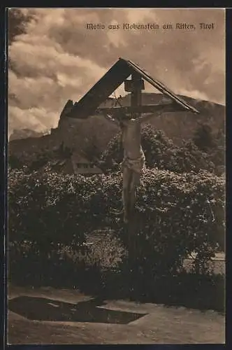 AK Klobenstein am Ritten, Ortspartie mit Flurkreuz