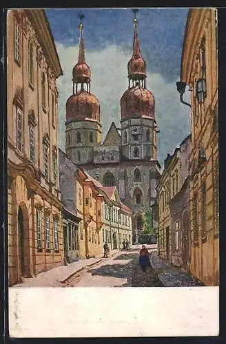 Künstler-AK Trnava, Strassenpartie mit Kirche