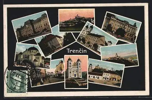 Passepartout-AK Trencin, Strassenpartie, Kirche, Gesamtansicht