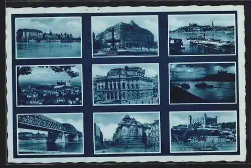 AK Bratislava, Fluss mit Brücke, Dampfer, Brunnen