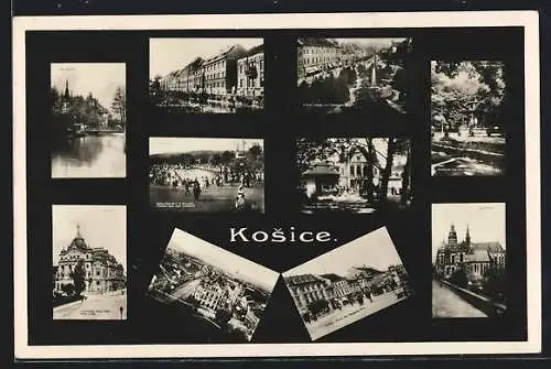 AK Kosice, Verschiedene Stadtansichten: Kirche, Schwimmbad, Strassenpartie, Ortsansicht aus der Vogelschau